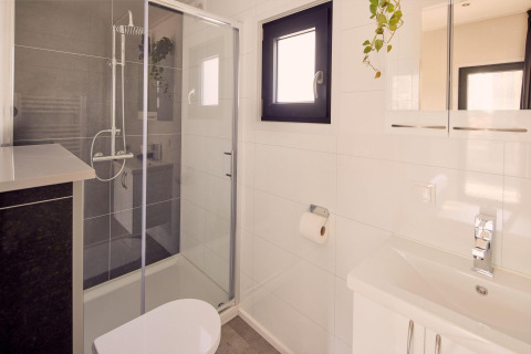 Moderne badeværelse på et lodge med brusedør, hvidt interiør, sort vindue og hængende plante.