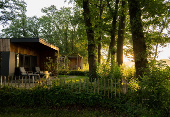 Træomgivet lodge ved solnedgang med moderne træfacade, terrasse og hegn, Holiday villa Amalia 2, Nederlandene.