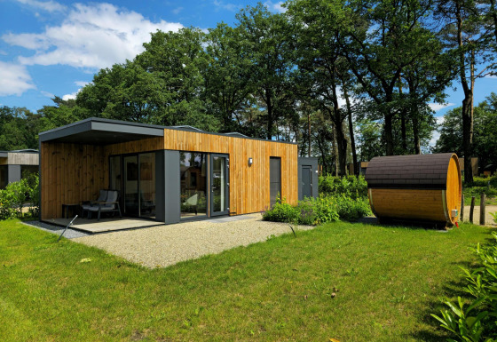Villa vacacional moderna con fachada de madera y sauna exterior en Hofparken Wiltershaar, Países Bajos.