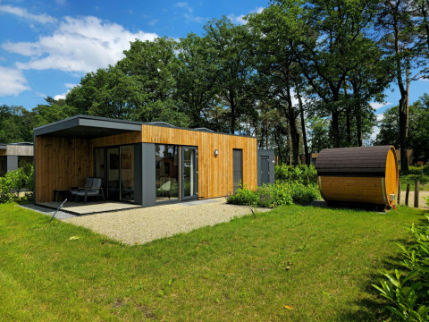 Moderne feriebolig med træfacade og udendørs sauna i grønne omgivelser på Hofparken Wiltershaar, Holland.
