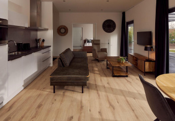 Intérieur de maison de vacances accessible en fauteuil roulant avec cuisine moderne et salon aux Pays-Bas.