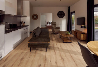 Interior de villa de vacaciones accesible para sillas de ruedas con cocina moderna y sala de estar en Países Bajos.