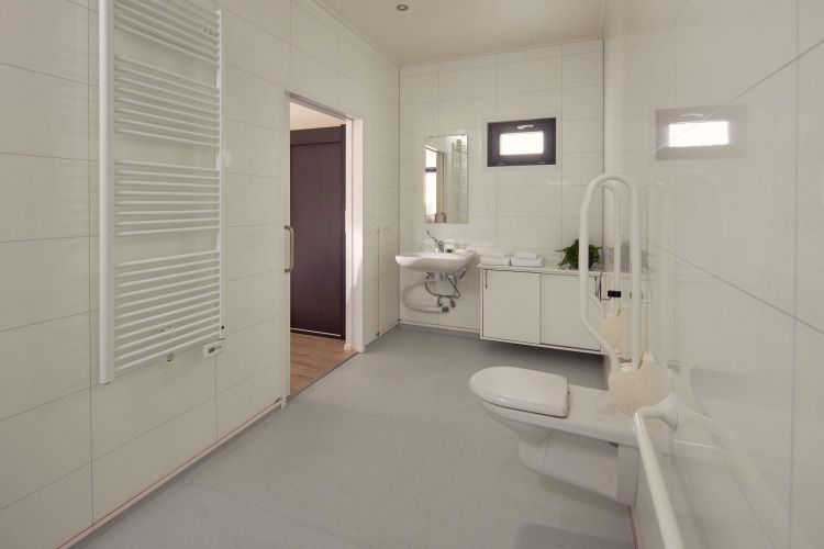 Wheelchair-accessible bathroom at Holiday villa Amalia 2 in Hofparken Wiltershaar, Netherlands, spacious and modern.