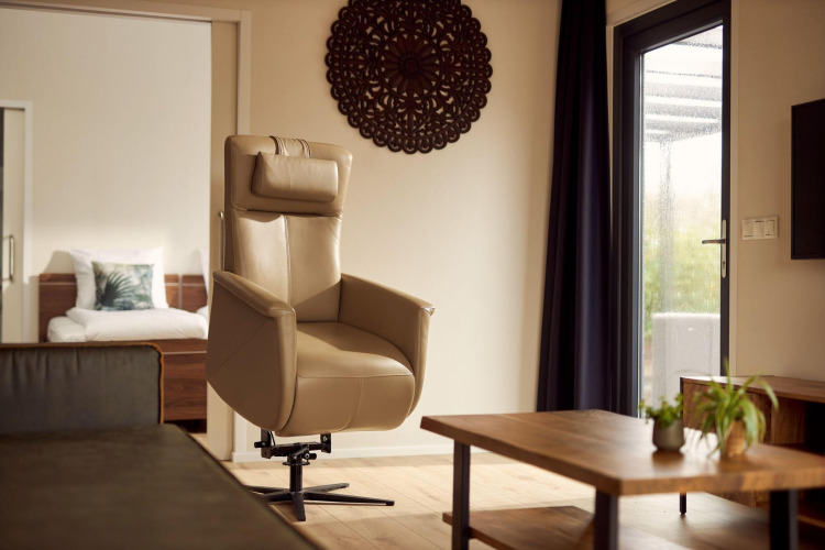 Living room with wheelchair-friendly armchair in Holiday Villa Amalia 2 at Hofparken Wiltershaar, Netherlands.