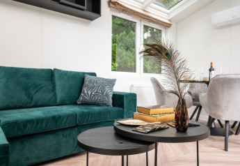 Sala moderna en Cozy Chalet, Veluwepark de Bosgraaf, Países Bajos, con sofá verde y mesa negra.