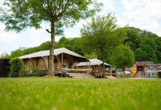 Tenda safari Villatent Cottage al Camping 't Geuldal nei Paesi Bassi, circondata da prato e alberi verdi.