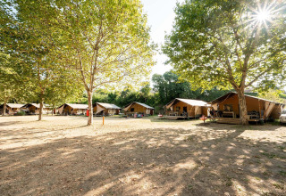 Tiendas safari en Camping La Garenne, Francia, colocadas bajo árboles con luz solar filtrándose entre hojas.