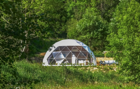 Geodesic dome at Camping Domaine La Chabanne, France, nestled in lush greenery and surrounded by trees.