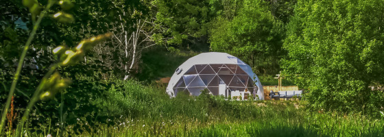 Een geodetische Dome midden in weelderig groen en bomen, gefotografeerd op een zonnige dag.