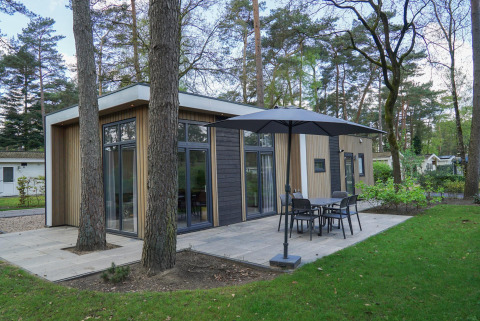 Lodge moderne Cube la Mer à De Zanding aux Pays-Bas, entouré d’arbres et d’une terrasse extérieure.