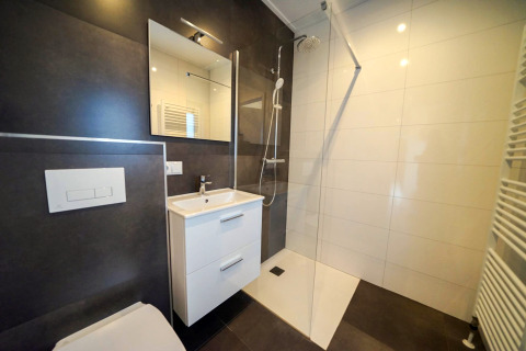 Modern bathroom with walk-in shower, sink cabinet, and wall mirror at Cube la Mer, De Zanding, Netherlands.