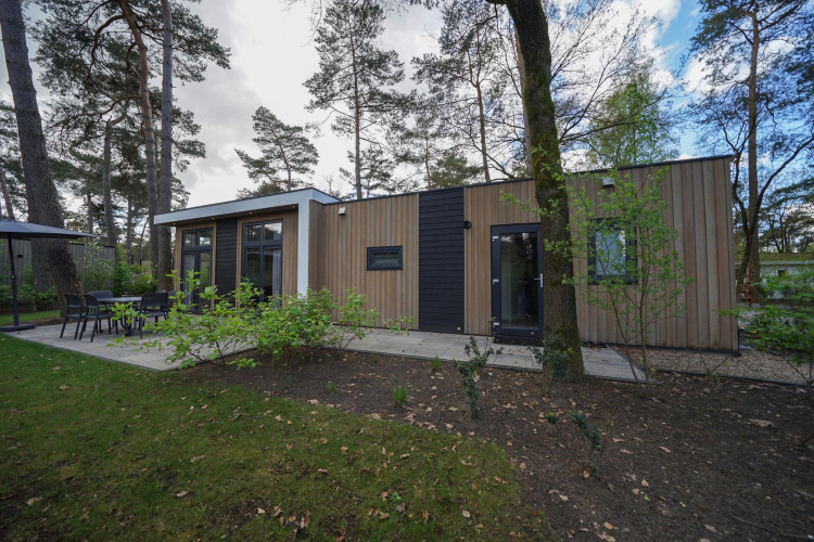 Cube la Mer Lodge in De Zanding, Niederlande, moderne Architektur mit Terrasse im bewaldeten Gebiet.
