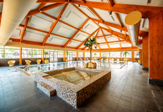 Indoor swimming pool at a lodge featuring a modern wooden ceiling, spa area, and comfortable seating.