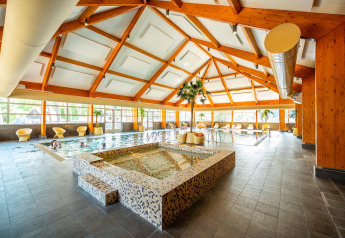Piscina cubierta en una cabaña con techo de madera moderno, zona de spa y asientos cómodos.