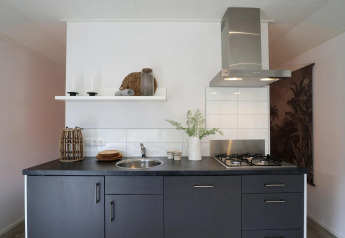 Cocina moderna en Wellness Lodge en De Zanding, Países Bajos, con armarios oscuros y encimera.