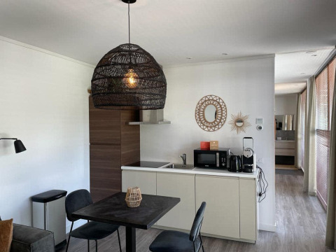 Cocina y comedor modernos en una cabaña de Mode Sauna en De Zanding, Países Bajos, con luz natural.