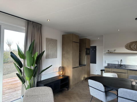 Intérieur moderne de la Zonneweelde Lodge XL au Camping Zonneweelde, Pays-Bas, avec coin repas et plantes.