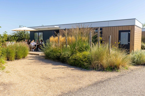 Lodge Zonneweelde en Camping Zonneweelde, Países Bajos, con personas disfrutando bajo una sombrilla.