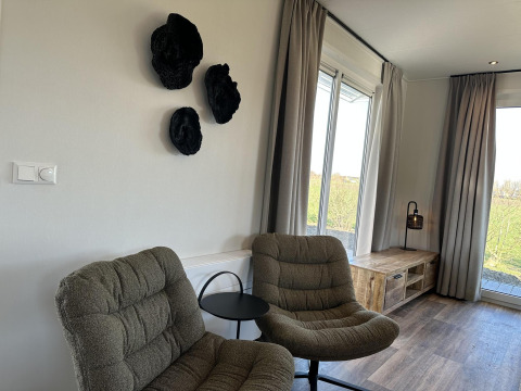 Moderne opholdsstue i Zonneweelde Lodge med to polstrede stole, runde sorte vægdekorationer og store vinduer.