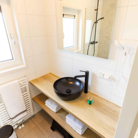 Moderne badeværelse i Zonneweelde Lodge med sort vask, træbordplade, spejl og hvide håndklæder.