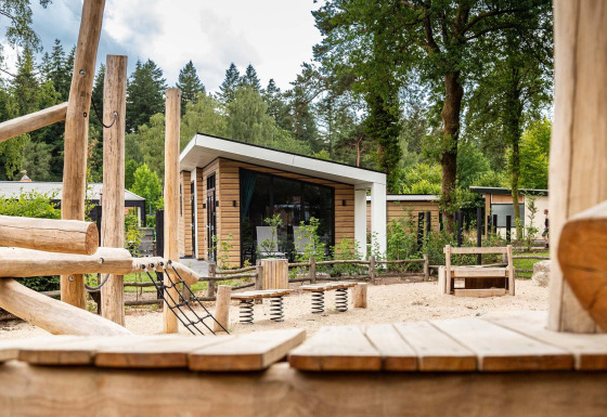 Parque infantil con estructuras de madera frente a cabañas modernas en Resort Veluwe, Silva, Países Bajos, bosque.