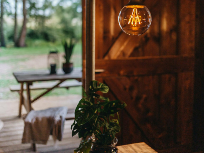 Innenansicht der Vecht Glamping Lodge mit Glühbirne, Topfpflanze und Picknicktisch im Freien.