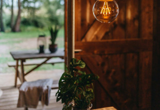 Interior acogedor de la Vecht Glamping Lodge con bombilla colgante, planta interior y mesa de picnic exterior.