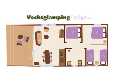 Plano del alojamiento Vechtglamping Lodge safari tent con terraza, sala de estar, cocina y dormitorios.