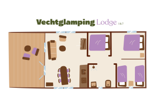 Plano del alojamiento Vechtglamping Lodge safari tent con terraza, sala de estar, cocina y dormitorios.