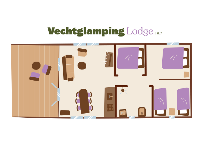 Grundriss des Vechtglamping Lodge Safari-Zeltes mit Terrasse, Wohnzimmer, Küche und drei Schlafzimmern.