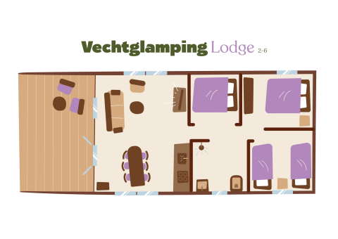 Plano del interior de la tienda safari Vecht Glamping Lodge en Beerze Bulten, Países Bajos, con terraza y habitaciones.