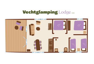 Plano del interior de la tienda safari Vecht Glamping Lodge en Beerze Bulten, Países Bajos, con terraza y habitaciones.
