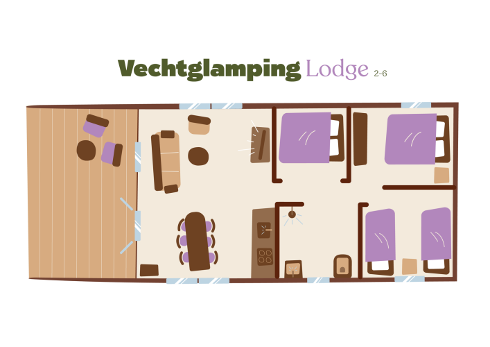 Grundriss des Vechtglamping Lodge Safarizeltes bei Beerze Bulten in den Niederlanden mit Terrasse und Zimmern.