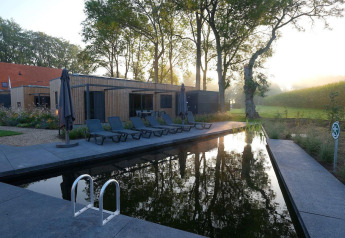 Buitenzwembad en ligstoelen bij Amalia Familia-lodge in Hofparken Wiltershaar, Nederland.