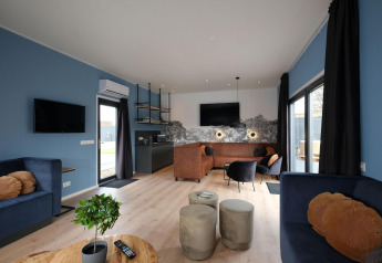 Moderne woonkamer van Amalia Familia lodge in Hofparken Wiltershaar, Nederland, met blauwe muren en stijlvolle meubels.