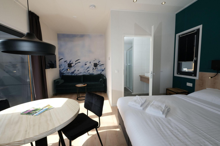 Habitación de lodge moderna en Amalia Familia, Hofparken Wiltershaar, con cama, sofá y baño privado.