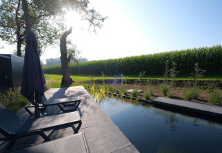 Outdoor relaxation area with loungers and umbrella by a pond, beside a green field at Amalia Familia, Hofparken Wiltershaar.
