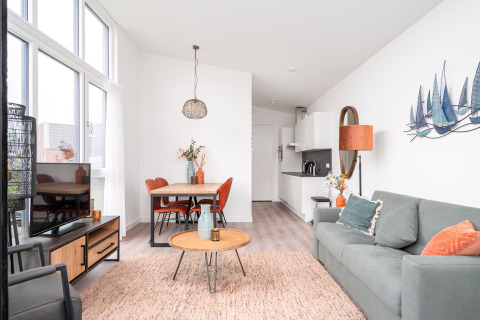 Modernes Wohnzimmer und Küche im Tiny House Knilles Luxe, Tusken de Marren, Niederlande, hell eingerichtet.