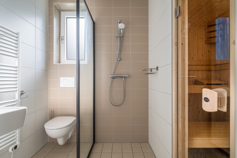 Baño moderno en la tiny house Knilles Luxe en Tusken de Marren, Países Bajos, con ducha y sauna.