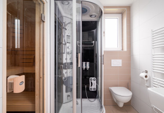 Baño moderno en la tiny house Knilles Luxe con sauna, ducha multifunción y váter suspendido en la pared.