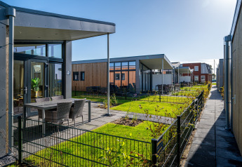 Modern tiny houses with garden patios at Knilles Luxe in Tusken de Marren, Netherlands, captured on a sunny day.
