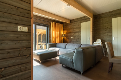 Salon moderne avec canapé gris et murs en bois à Castle Uylenburght, Kampeerdorp de Zandstuve, Pays-Bas.