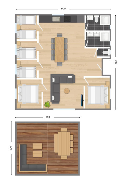 Plattegrond van een lodge bij Castle Uylenburght, Kampeerdorp de Zandstuve, met kamer- en terrasindeling.