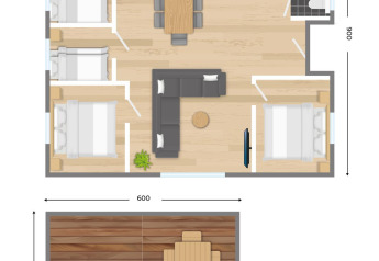 Plattegrond van een lodge bij Castle Uylenburght, Kampeerdorp de Zandstuve, met kamer- en terrasindeling.