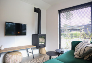 Sala en Wellness Lodge en De Hooge Veluwe, Países Bajos, con sofá verde, televisor y chimenea negra.