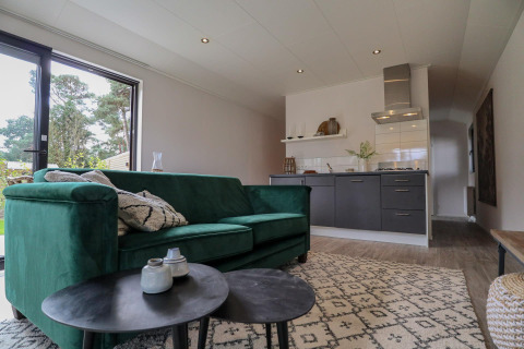 Sala y cocina modernas en la Wellness Lodge de De Hooge Veluwe, Países Bajos, con sofá verde y ventana grande.