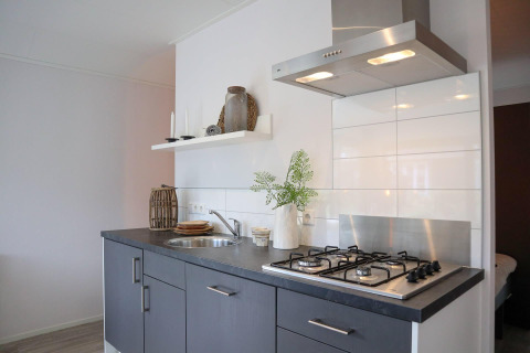 Cocina moderna en Wellness Lodge, De Hooge Veluwe, Países Bajos, con estufa de gas y campana extractora.