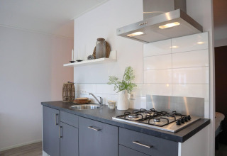 Cocina moderna en Wellness Lodge, De Hooge Veluwe, Países Bajos, con estufa de gas y campana extractora.