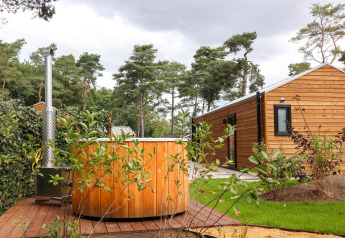 Wellness Lodge a De Hooge Veluwe nei Paesi Bassi con vasca idromassaggio esterna e moderna cabina di legno tra pini.