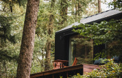 Koya Tiny Cabin aan Wilsumer Berge in Duitsland, omgeven door groen bos en houten terras.